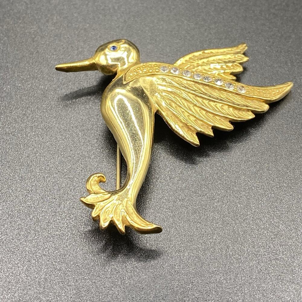 Signed Liz Claiborne Rhinestone Hummingbird Brooch Pin Costume